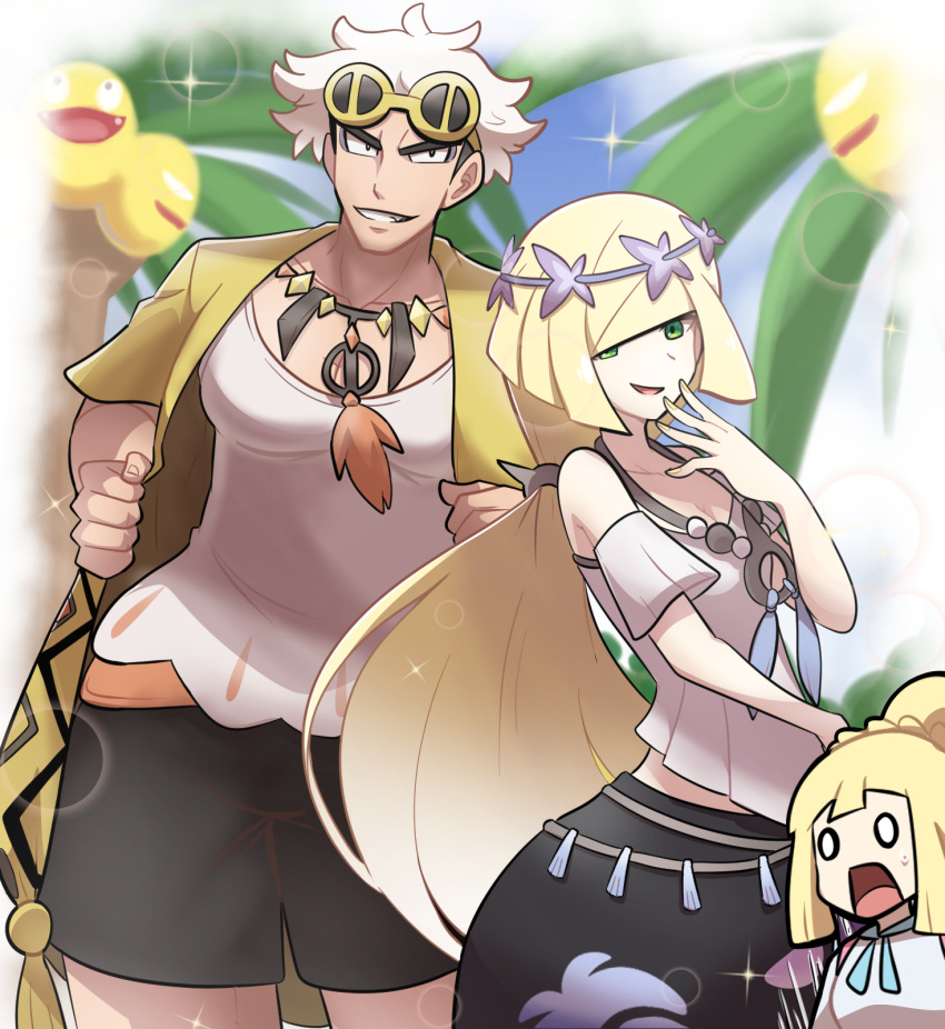 1boy 2girls alolan_exeggutor alternate_hairstyle bare_shoulders black_shorts breasts cleavage coat cosplay eyewear_on_head green_eyes guzma_(pokemon) hair_over_one_eye hau_(pokemon) hau_(pokemon)_(cosplay) hau_(sygna_suit)_(pokemon) highres jewelry lillie_(pokemon) long_hair lusamine_(pokemon) mina_(pokemon) mina_(pokemon)_(cosplay) mina_(sygna_suit)_(pokemon) mother_and_daughter multiple_girls necklace o_o open_clothes open_coat open_mouth pokemon pokemon_(creature) pokemon_(game) pokemon_masters_ex ponytail saon101 sarong shirt short_hair shorts small_breasts smile sunglasses very_long_hair white_shirt yellow-framed_eyewear yellow_coat