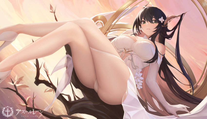 1girl absurdly_long_hair ainrichman antlers ass azur_lane bare_shoulders black_hair branch breasts crossed_legs dress flower from_below green_eyes hair_flower hair_on_horn hair_ornament hand_on_own_cheek hand_on_own_face hand_up high_heels highres huge_breasts in_tree indomitable_(azur_lane) logo long_hair panties sitting sitting_in_tree tree underwear very_long_hair white_dress white_panties