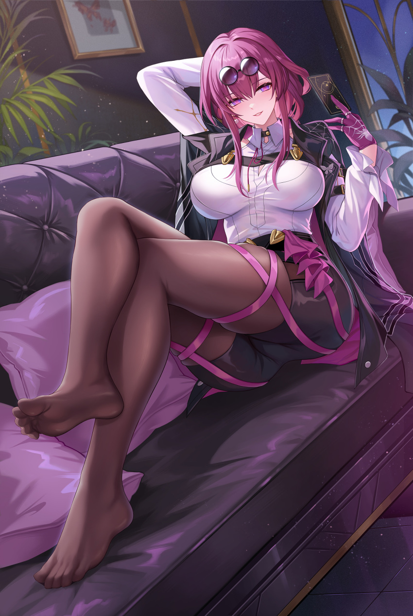 1girl absurdres black_jacket black_shorts blush breasts collared_shirt couch dress_shirt duplicate eyewear_on_head feet foreshortening gloves high-waist_shorts highres honkai:_star_rail honkai_(series) jacket jewelry kacyu kafka_(honkai:_star_rail) large_breasts legs long_hair long_sleeves looking_at_viewer no_shoes open_mouth pantyhose pantyhose_under_shorts pixel-perfect_duplicate purple_eyes purple_gloves purple_hair purple_pantyhose ring round_eyewear shirt shorts sitting soles solo toes white_shirt