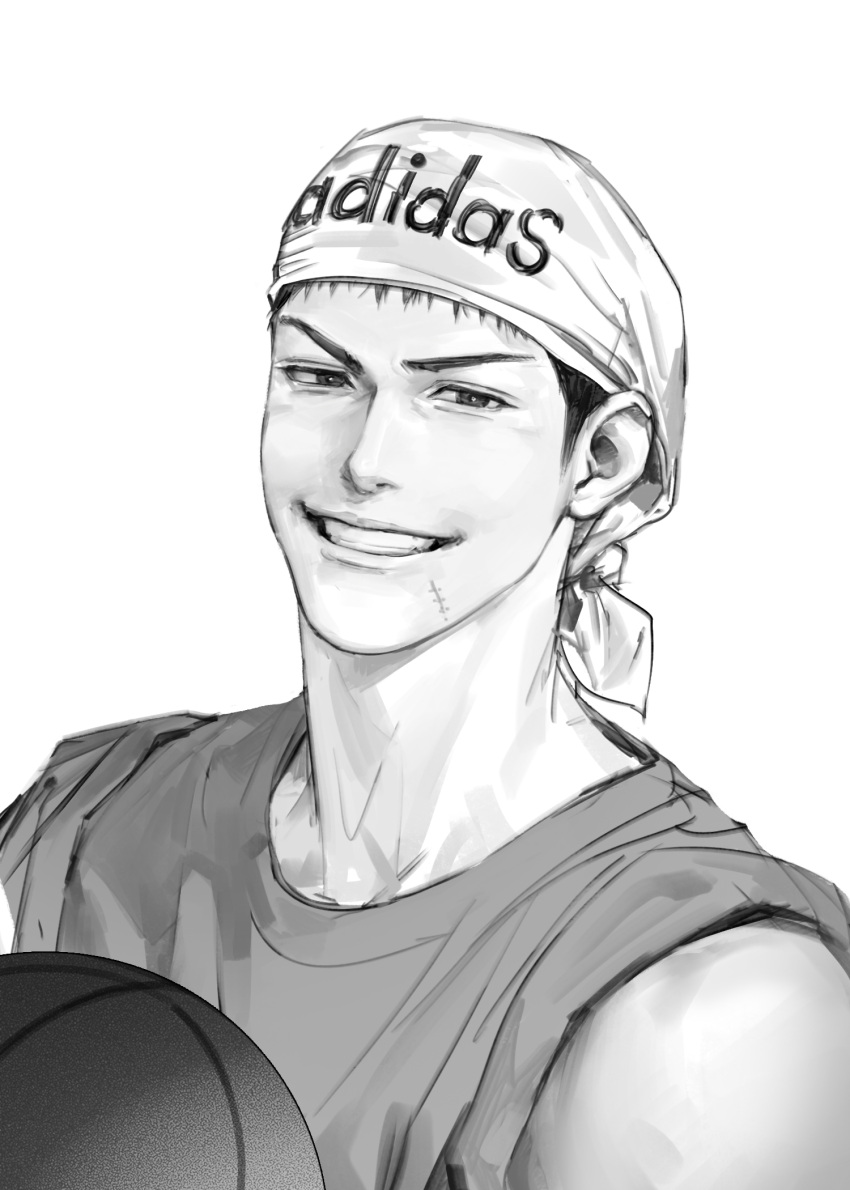 1boy adidas ball bandana basketball_(object) black_eyes black_hair greyscale highres holding holding_ball looking_at_viewer male_focus mitsui_hisashi monochrome nolja_cz scar scar_on_chin scar_on_face shirt short_hair simple_background slam_dunk_(series) sleeves_rolled_up smile solo upper_body white_background