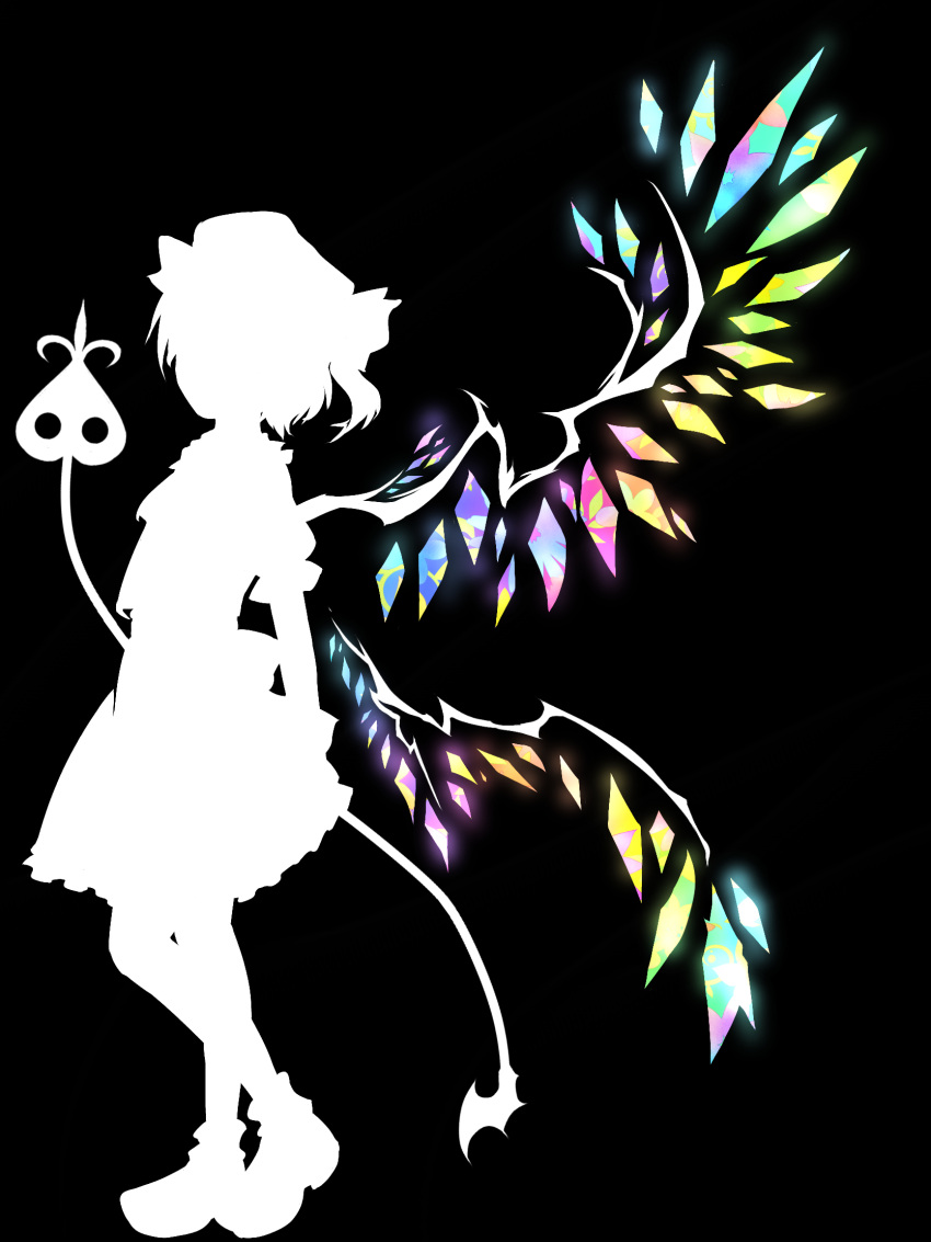 1girl ascot back_bow black_background bow debiru_takako flandre_scarlet frilled_skirt frilled_sleeves frills from_side full_body hat highres holding holding_polearm holding_weapon laevatein_(touhou) mob_cap multicolored_wings polearm puffy_short_sleeves puffy_sleeves short_hair short_sleeves silhouette skirt solo standing touhou weapon wings