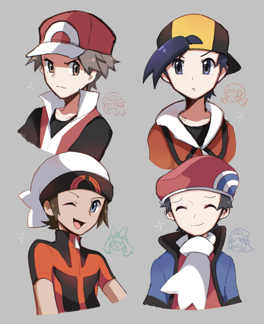 4boys backwards_hat baseball_cap black_headwear black_shirt blue_coat brendan_(pokemon) brown_eyes brown_hair closed_eyes closed_mouth coat ethan_(pokemon) grey_eyes hat highres jacket lucas_(pokemon) male_focus multiple_boys one_eye_closed poke_ball_print pokemon popped_collar raised_eyebrows red_(pokemon) red_headwear red_jacket red_shirt scarf shirt short_sleeves smile touyarokii upper_body v-shaped_eyebrows white_headwear white_scarf yellow_headwear zipper_pull_tab