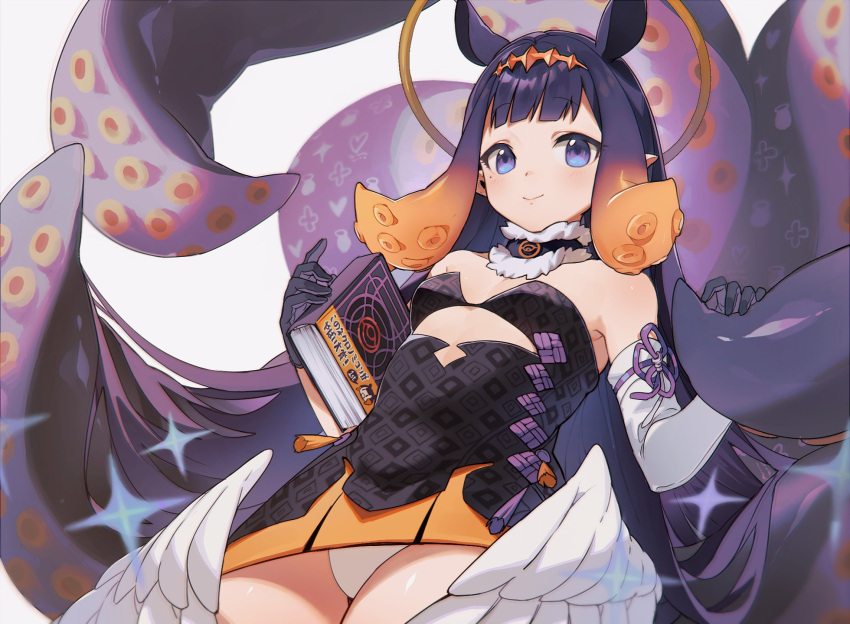 1girl animal_ears bare_shoulders black_gloves black_tank_top blue_eyes book breasts closed_mouth detached_sleeves feathered_wings fur_collar gloves gradient_hair hands_up heart heart_print highres holding holding_book hololive hololive_english long_hair long_sleeves looking_at_viewer miniskirt mole mole_under_eye multicolored_hair ninomae_ina'nis orange_hair orange_skirt panties pointy_ears purple_hair qin_(7833198) red_ribbon ribbon sidelocks simple_background skirt small_breasts smile solo sparkle standing tank_top tassel tentacle_hair tentacles underwear white_background white_panties wings