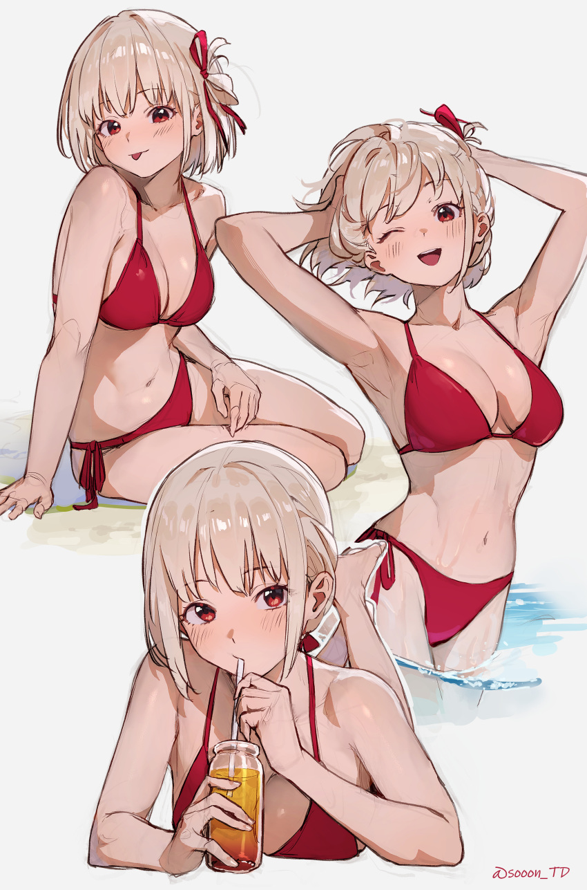 1girl :p ;d absurdres armpits arms_up barefoot bikini blonde_hair bottle breasts cowboy_shot drinking drinking_straw drinking_straw_in_mouth duplicate highres large_breasts lycoris_recoil lying multiple_views navel nishikigi_chisato on_stomach one_eye_closed open_mouth red_bikini red_eyes short_hair sitting smile sooon stomach swimsuit tongue tongue_out wading water yokozuwari