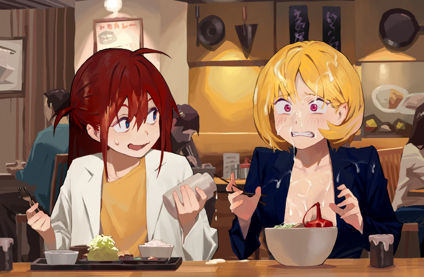 2girls blonde_hair blue_eyes food hair_between_eyes highres hipa_(some1else45) holding indoors jacket liquid long_hair long_sleeves multiple_girls office_lady open_mouth original red_hair restaurant sekoshi_(some1else45) shirt short_hair sitting some1else45