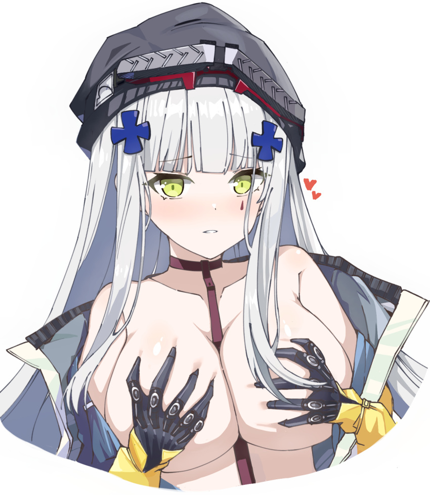 1girl bare_shoulders between_breasts black_gloves black_headwear blunt_bangs blush breasts choker cleavage covering covering_breasts cropped_torso facial_mark girls'_frontline gloves green_eyes grey_hair hat highres hk416_(girls'_frontline) jacket lancer_(worudrleh1) large_breasts long_hair long_sleeves looking_at_viewer naked_jacket off_shoulder open_clothes open_jacket parted_lips purple_choker simple_background solo upper_body very_long_hair white_background yellow_jacket