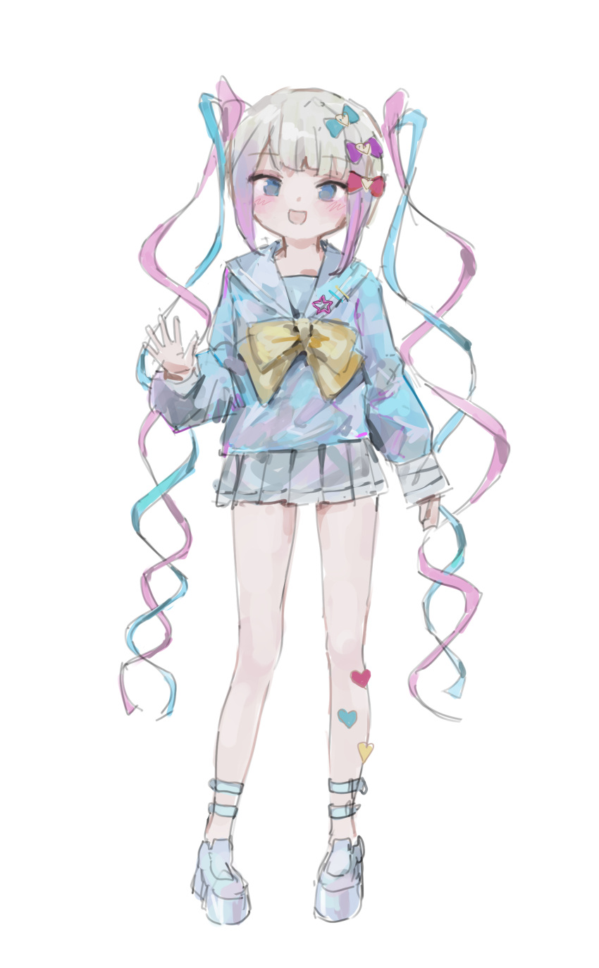 1girl :d absurdres blue_bow blue_eyes blue_footwear blue_hair blue_shirt blunt_bangs bow chouzetsusaikawa_tenshi-chan full_body grey_hair grey_skirt hair_bow hair_ornament heart heart_hair_ornament highres long_hair long_sleeves looking_at_viewer multicolored_hair needy_girl_overdose open_hand open_mouth pink_bow pink_hair platform_footwear pleated_skirt purple_bow quad_tails reddizen sailor_collar school_uniform serafuku shirt shoes simple_background skirt smile solo standing twintails very_long_hair white_background yellow_bow