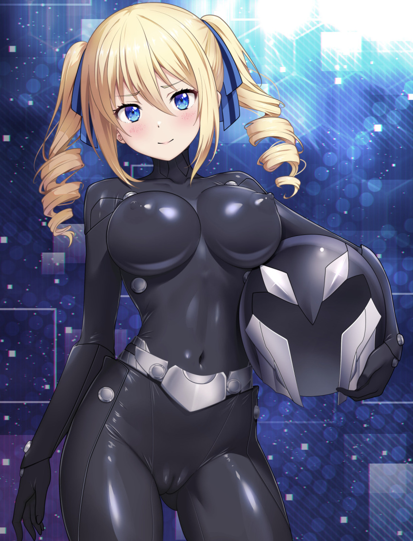 1girl angelina_kudou_shields arm_at_side ass_visible_through_thighs black_bodysuit blonde_hair blue_eyes blue_ribbon blush bodysuit breasts cameltoe carrying carrying_under_arm closed_mouth commentary_request contrapposto covered_navel covered_nipples cowboy_shot drill_hair hair_between_eyes hair_ribbon helmet highres large_breasts looking_at_viewer mahouka_koukou_no_rettousei paid_reward_available pasya-pasya ribbon skin_tight smile solo twin_drills twintails