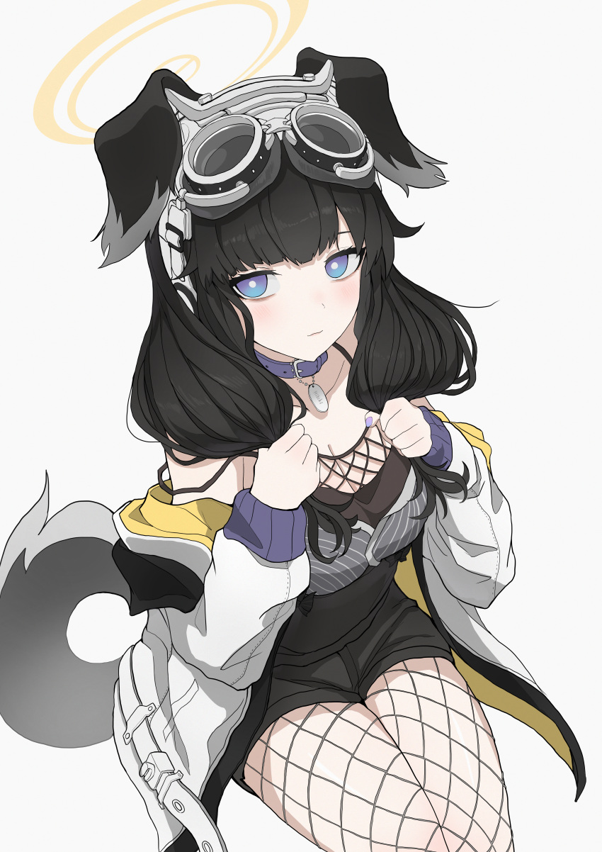 1girl absurdres animal_collar animal_ears bags_under_eyes black_footwear black_hair blue_archive blush breasts bright_pupils bunching_hair cleavage collar collarbone dog_ears dog_tail fishnet_pantyhose fishnet_top fishnets goggles goggles_on_head hibiki_(blue_archive) highres holding holding_hair jacket jacket_partially_removed looking_at_viewer medium_breasts mitsumoto_amata multicolored_eyes pantyhose simple_background solo tail two-sided_fabric two-sided_jacket white_background white_pupils