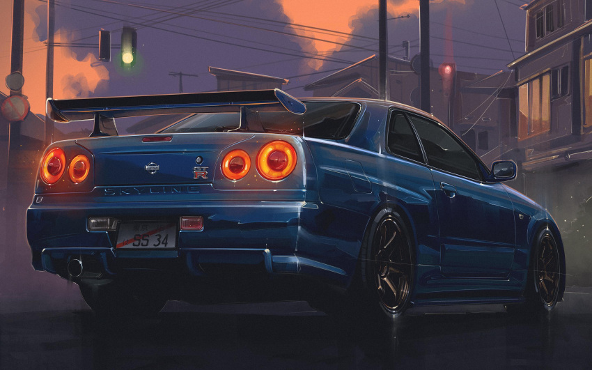 andrew_mytro car cloud from_behind glowing highres license_plate light_trail motor_vehicle nissan nissan_skyline nissan_skyline_gt-r nissan_skyline_r34 original power_lines spoiler_(automobile) stitched sunset traffic_light utility_pole vehicle_focus