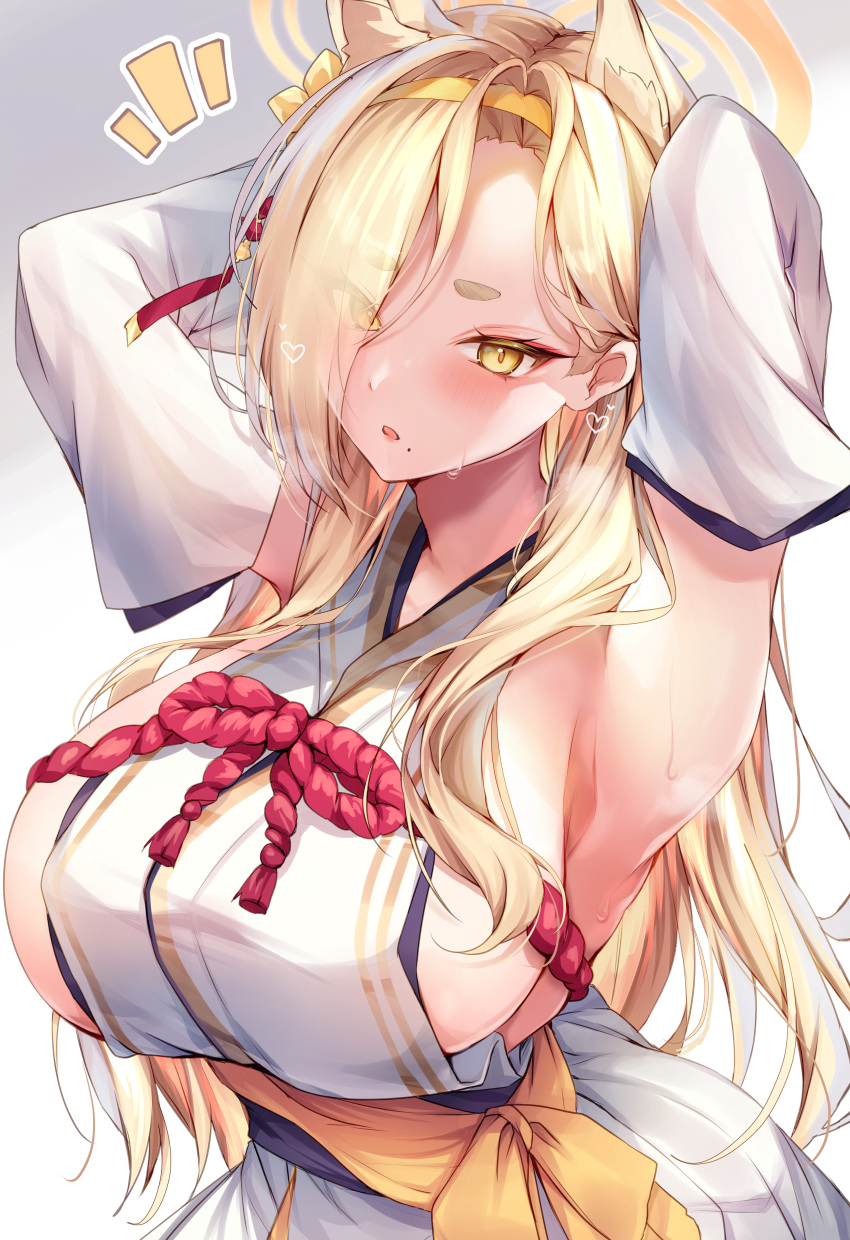 1girl :o absurdres animal_ears armpits arms_up blonde_hair blue_archive blush breasts detached_sleeves fox_ears hair_over_one_eye hairband halo highres huge_breasts japanese_clothes kaho_(blue_archive) kimono long_hair looking_at_viewer mole mole_under_mouth nenobi_(nenorium) sideboob simple_background solo sweat thick_eyebrows wide_sleeves yellow_eyes