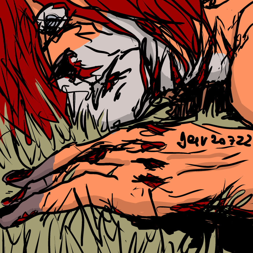 1:1 absurd_res anthro blood blood_on_arm blood_on_face blood_on_hand blood_on_neck blood_puddle blood_splatter bodily_fluids brown_fingers brown_markings canid canine canis colored_sketch corpse death digital_media_(artwork) fingerless fingers fox fur fyodor_(geiv) geiv_(geekivanovo) gore gore_focus grass green_grass grey_eyes hair hi_res looking_at_viewer male male_anthro mammal markings multicolored_body neck_scar nude open_mouth plant red_hair sketch skinned snuff solo teeth torn_lip wounded