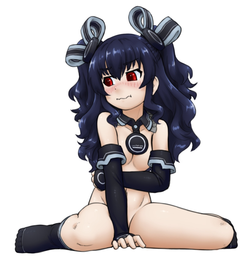 1girl alloyrabbit black_gloves black_hair black_socks breasts covering covering_breasts covering_crotch elbow_gloves embarrassed gloves long_hair looking_at_viewer neptune_(series) no_shoes nude red_eyes sitting small_breasts socks solo twintails uni_(neptune_series)