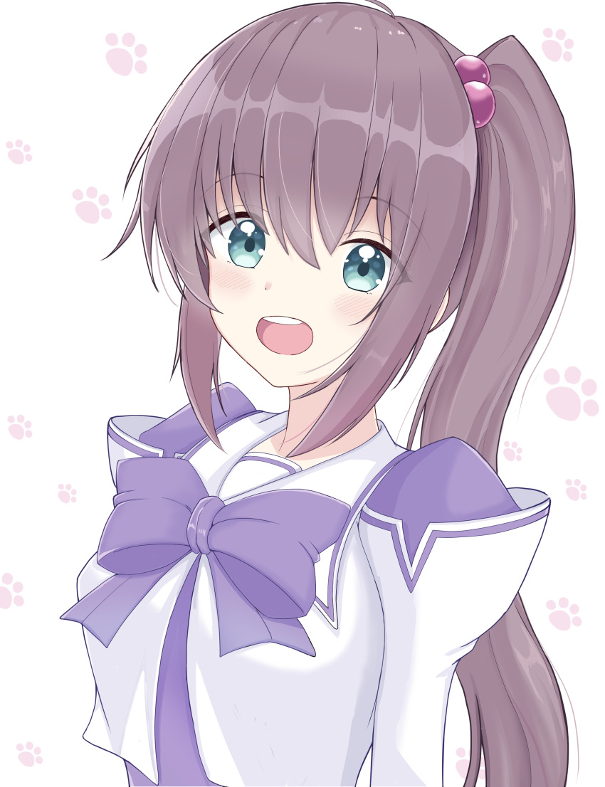 1girl absurdres blue_eyes blush bow breasts brown_gloves gloves hakuryou_high_school_uniform highres juliet_sleeves long_hair long_sleeves looking_at_viewer medium_breasts muv-luv open_mouth paw_print puffy_sleeves purple_bow school_uniform shirt side_ponytail sin_sin_shinji tsukiji_tae upper_body very_long_hair white_background white_shirt