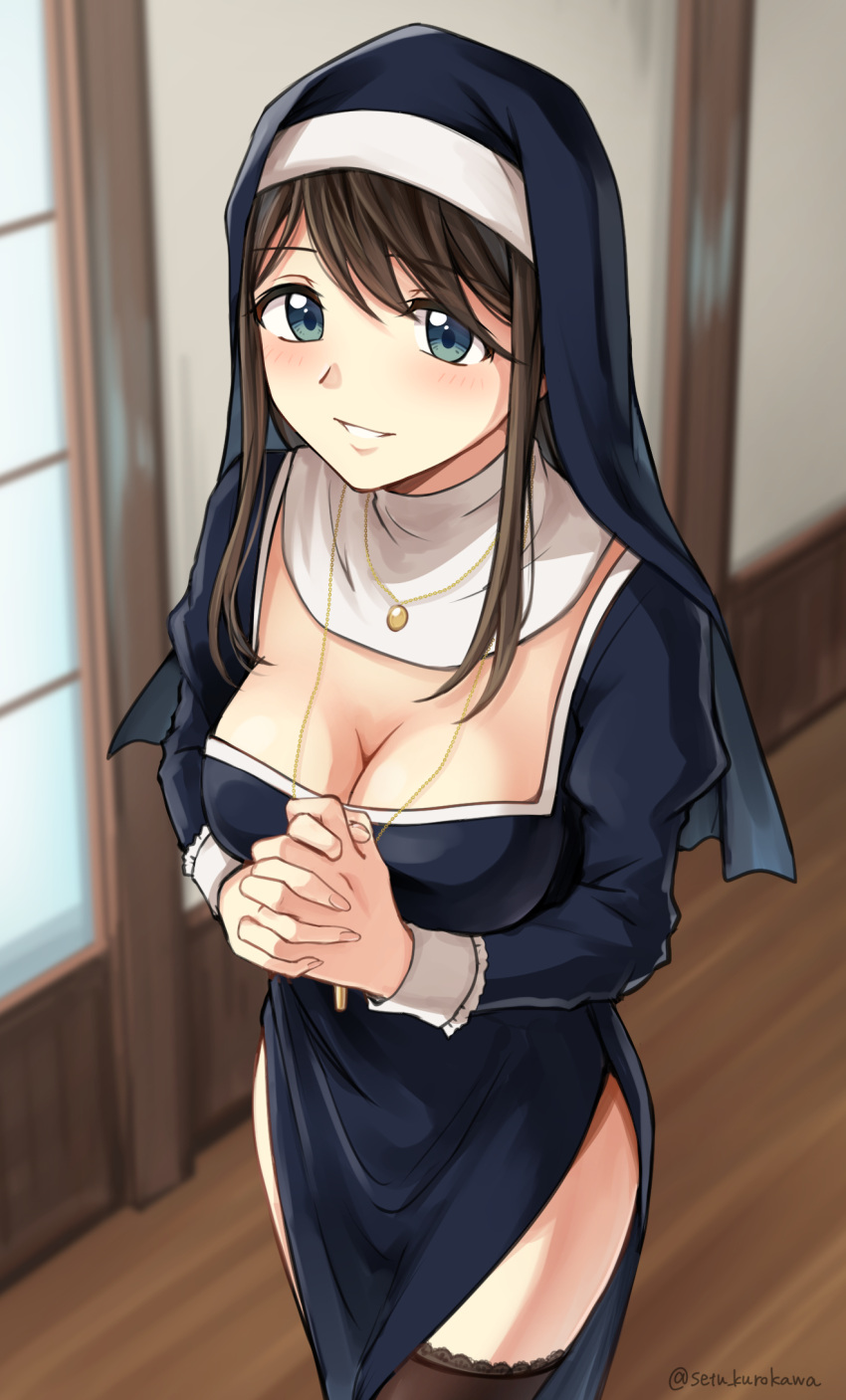 1girl bare_legs black_dress blue_eyes breasts brown_hair cleavage cross cross_necklace dress highres jewelry kneehighs large_breasts looking_at_viewer necklace nun original own_hands_clasped own_hands_together setu_kurokawa smile socks solo upper_body