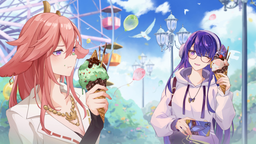 2girls absurdres animal_ears balloon bird blue_sky blunt_bangs cellphone changerduo closed_mouth cloud cloudy_sky contemporary earrings ferris_wheel food food_on_face genshin_impact glasses hair_between_eyes hair_down hair_ornament headphones highres holding hood hoodie ice ice_wings jewelry lamppost light_blush long_hair looking_at_another mole mole_under_eye multiple_girls neckerchief open_mouth outdoors phone pink_hair purple_eyes purple_hair raiden_shogun raiden_shogun_(2nd_anniversary) sky standing suit tree white_suit wings yae_miko yae_miko_(2nd_anniversary) yuri
