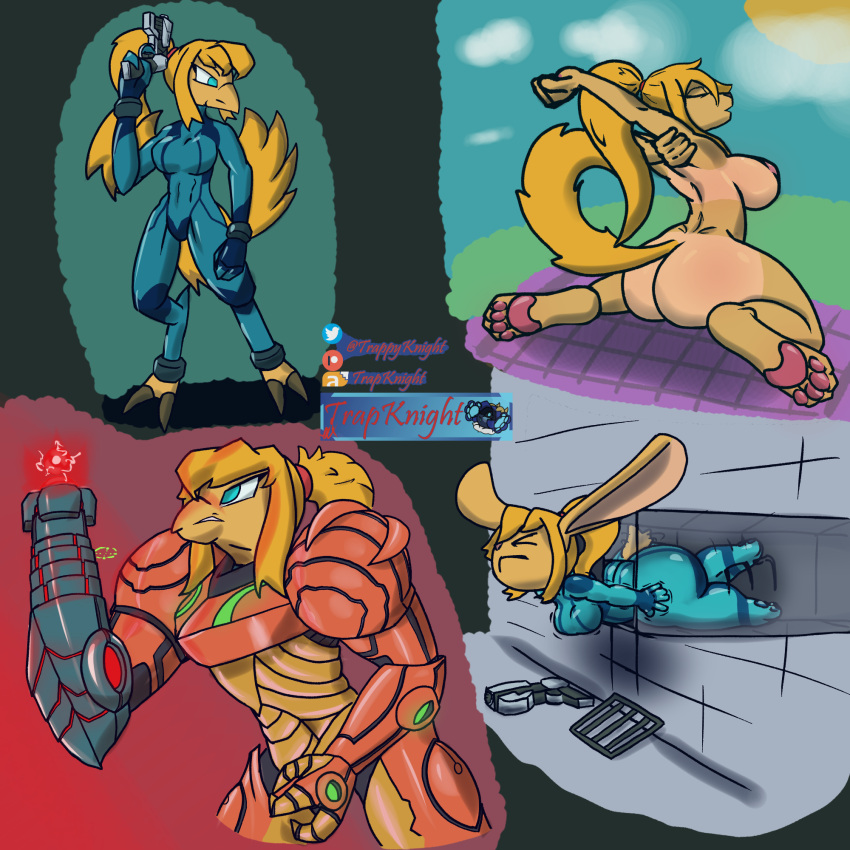 avian beak breasts butt canid canine female hi_res lagomorph leporid mammal metroid nintendo paws rabbit samus_aran short_stack stuck tagme tail trapknight varia_suit zero_suit