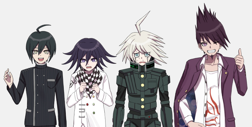 4boys absurdres ahoge arironpawa black_hair black_jacket breast_pocket buttons collarbone danganronpa_(series) danganronpa_v3:_killing_harmony double-breasted facial_hair goatee grey_eyes grey_hair grin hair_between_eyes highres jacket k1-b0 long_sleeves looking_at_viewer male_focus momota_kaito multiple_boys oma_kokichi one_eye_closed open_clothes open_jacket open_mouth open_shirt pocket power_armor print_shirt purple_eyes purple_hair sad saihara_shuichi shirt short_hair simple_background smile space_print spiked_hair starry_sky_print striped striped_jacket tears teeth thumbs_up upper_body upper_teeth_only white_background white_shirt