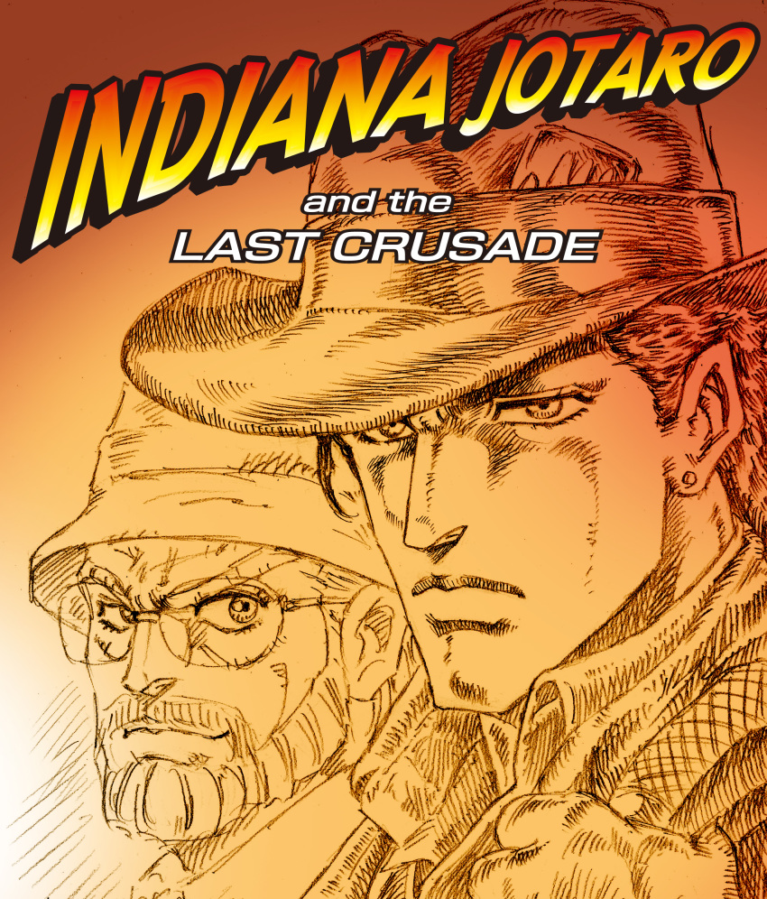 2boys absurdres beard closed_mouth commentary_request cowboy_hat earrings english_text expressionless facial_hair glasses grandfather_and_grandson hat highres indiana_jones_(series) indiana_jones_and_the_last_crusade jewelry jojo_no_kimyou_na_bouken joseph_joestar joseph_joestar_(old) kujo_jotaro light_smile looking_ahead looking_at_viewer mad_sharpen male_focus monochrome multiple_boys old old_man parody sepia single_earring smile stardust_crusaders stud_earrings title_parody