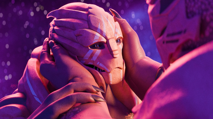 3d_(artwork) alien arm_grab bodypaint digital_media_(artwork) duo eye_contact face_paint hand_on_cheek hi_res humanoid intraspecies kagekave looking_at_another male male/male mass_effect nude romantic teeth turian