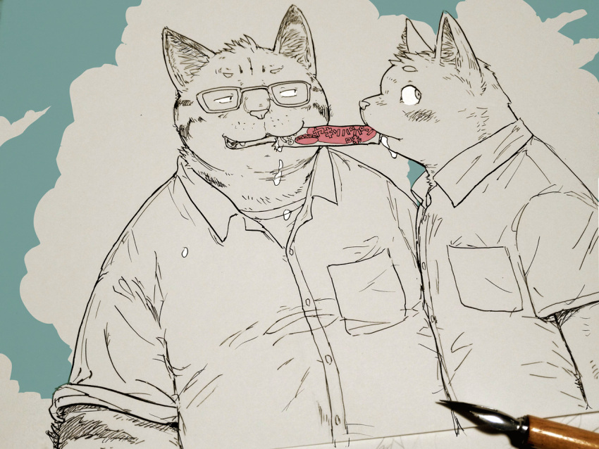 2023 anthro biped blush canid canine canis clothing domestic_cat domestic_dog duo eyewear felid feline felis food glasses kemono male mammal overweight overweight_male shirt takakei1 topwear