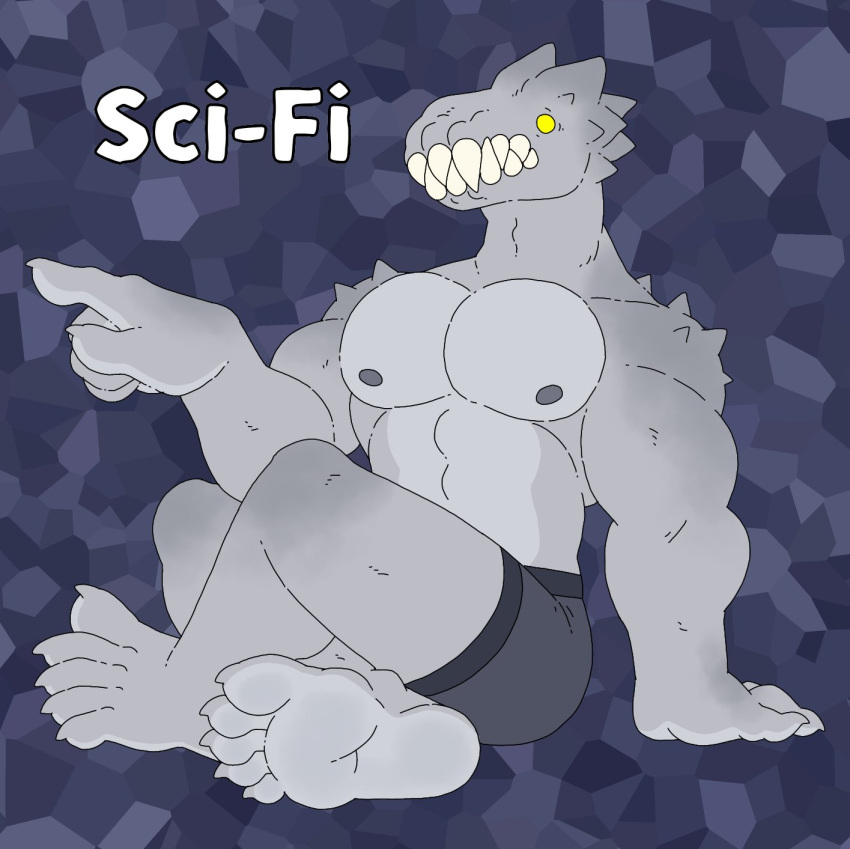 alphabet anthro barazoku bared_teeth chippybooru clawed_fingers claws clothing cookie_run cryptid fangs feet grey_body hi_res horn male monster monsterfuck monsterfucking muscular muscular_anthro muscular_male pecs reptile scalie science_fiction solo solo_focus spikes spikes_(anatomy) teeth teeth_showing terato teratophilia thorns toe_claws underwear yellow_eyes