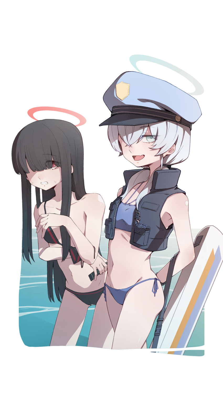 2girls absurdres bikini black_bikini black_hair black_vest blue_archive blue_bikini breasts collarbone eyes_visible_through_hair flat_chest grey_eyes grey_hair grey_halo halo highres if_f justice_task_force_member_(blue_archive) long_hair multiple_girls open_clothes open_vest red_eyes red_halo short_hair simple_background small_breasts swimsuit valkyrie_police_academy_student_(blue_archive) valkyrie_police_academy_student_(sg)_(blue_archive) vest white_background