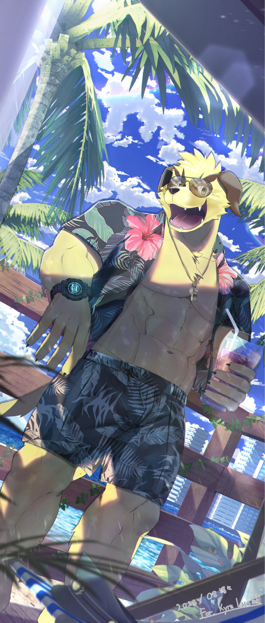 abs absurd_res aloha_shirt anthro canid canine canis clock clothing cloud domestic_dog eyewear fence fur hi_res jewelry lifewonders looking_at_viewer male mammal muscular muscular_anthro muscular_male n_na7 navel necklace nobumichi_(tas) palm_tree pattern_clothing pattern_shirt pattern_topwear pecs plant shirt smile solo sunglasses tokyo_afterschool_summoners topwear tree vacation watch yellow_body yellow_fur