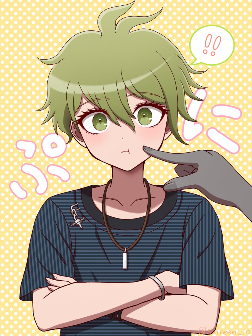 ! !! 1boy amami_rantarou antenna_hair bracelet cheek_poking collarbone crossed_arms danganronpa_(series) danganronpa_v3:_killing_harmony green_eyes green_hair hair_between_eyes highres jewelry looking_at_viewer male_focus necklace poking shirt short_hair smile speech_bubble striped striped_shirt suiren_yurei translation_request upper_body