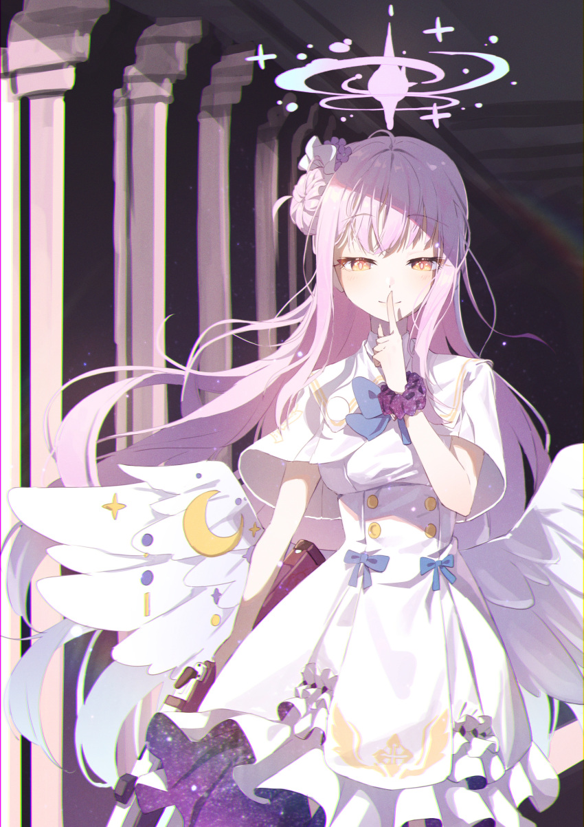 1girl absurdres arm_at_side blue_archive blush breasts capelet chromatic_aberration closed_mouth column dress finger_to_mouth floating_hair gun hair_bun hair_ornament half-closed_eyes halo hand_up highres holding holding_gun holding_weapon long_hair looking_at_viewer medium_breasts mika_(blue_archive) orange_eyes pillar pink_hair scrunchie shushing smile solo upper_body weapon white_dress wings wrist_scrunchie zonunoll