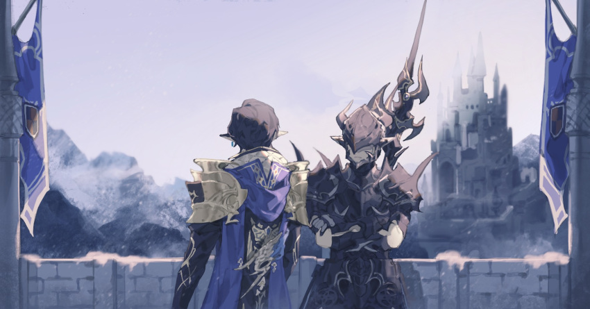 2boys armor aymeric_de_borel bayinxie black_hair blue_cape cape castle commentary_request crossed_arms dragoon_(final_fantasy) elezen elf epaulettes estinien_varlineau expressionless final_fantasy final_fantasy_xiv flag highres lance male_focus mountain multiple_boys outdoors pointy_ears polearm short_hair snow weapon weapon_on_back