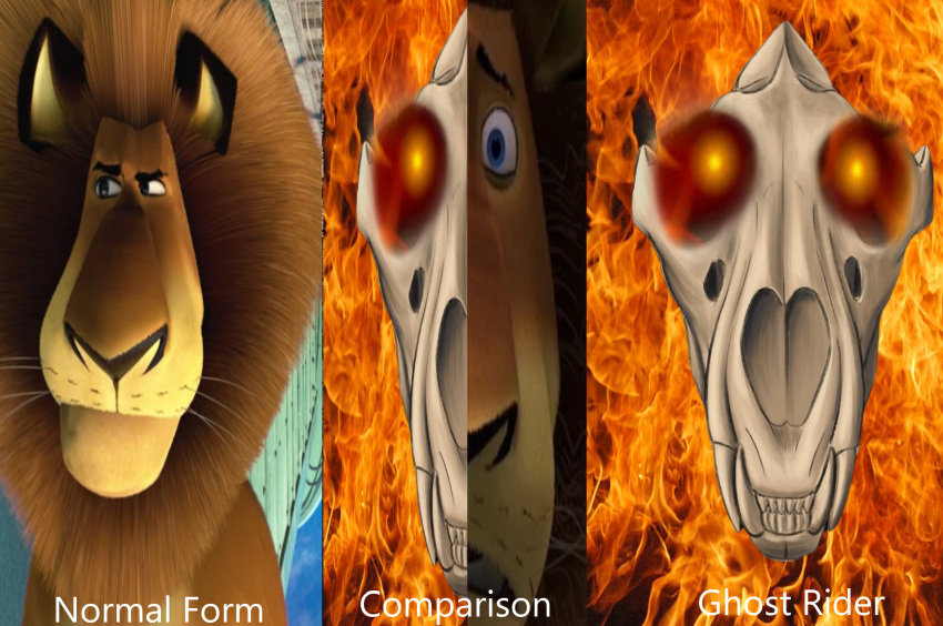 1999dude alakay_alex anthro bone demon dreamworks english_text felid felid_demon fire ghost_rider ghost_rider_(series) hi_res lion madagascar_(series) male mammal marvel pantherine skeleton skull skull_head solo text