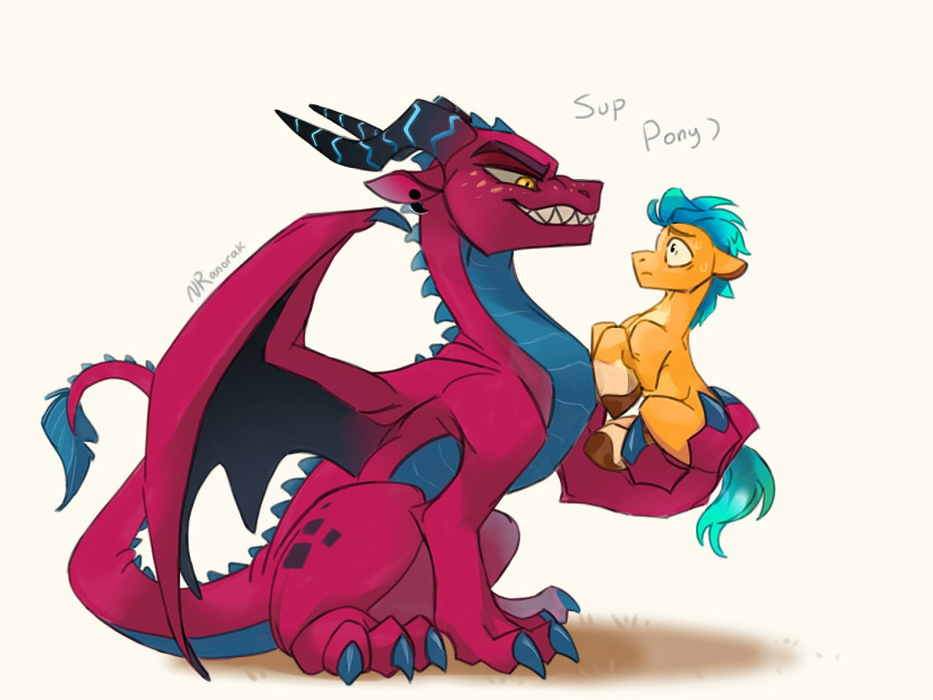 anoraknr dragon duo earth_pony equid equine hasbro hitch_trailblazer_(mlp) holding_character horn horse lava_(mlp) male mammal membrane_(anatomy) membranous_wings mlp_g5 my_little_pony pony red_body red_scales scales sharp_teeth smile teeth turquoise_hair wings