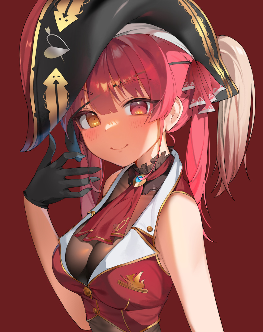 1girl absurdres arrow_through_heart ascot bicorne black_gloves breasts closed_mouth collared_jacket cropped_jacket eyepatch eyepatch_pull gloves hair_between_eyes hair_ribbon hand_up hat heterochromia highres hololive houshou_marine jacket large_breasts leotard leotard_under_clothes light_blush long_hair looking_at_viewer pirate_hat red_ascot red_background red_eyes red_hair red_jacket red_ribbon ribbon see-through see-through_cleavage see-through_leotard sleeveless sleeveless_jacket smile solo twintails upper_body virtual_youtuber wodnjs6712 yellow_eyes
