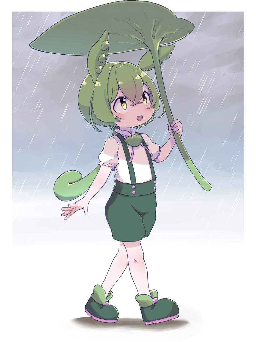 animal_ears border collared_shirt commentary dot_nose green_brooch green_footwear green_hair green_shorts highres holding holding_umbrella leaf_umbrella light_blush long_hair looking_up loose_hair_strand low_ponytail open_mouth outdoors pea_pod ponytail puffy_short_sleeves puffy_sleeves rain raincloud shirt short_hair short_sleeves shorts smile spread_fingers suspender_shorts suspenders tokimotoinui umbrella under_umbrella voicevox walking white_border white_shirt yellow_eyes zundamon