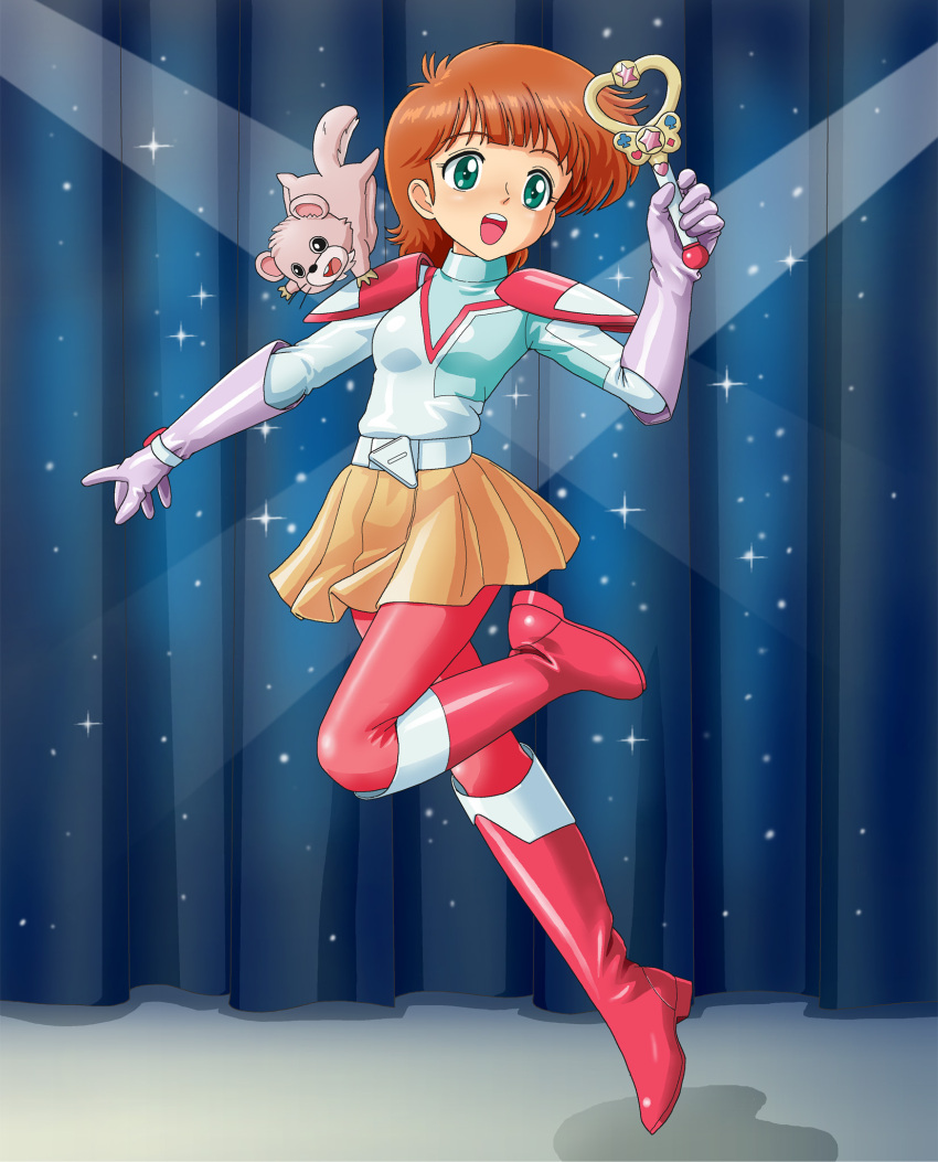 1girl :d boots brown_hair curtains elbow_gloves full_body gloves green_eyes highres indoors jumping kazuki_mai magical_girl mahou_no_star_magical_emi orange_skirt short_hair skirt smile solo spotlight topo_(magical_emi) verdun_(berudan) wand