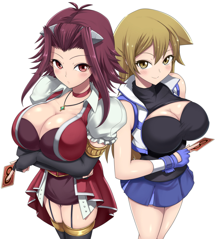 2girls arms_under_breasts black_gloves black_thighhighs blonde_hair blue_gloves blue_skirt breasts card choker cleavage closed_mouth commentary crossed_arms duel_academy_uniform_(yu-gi-oh!_gx) elbow_gloves fingerless_gloves garter_straps gloves highres holding holding_card huge_breasts izayoi_aki jewelry kasai_shin large_breasts long_hair looking_at_viewer looking_up medium_hair multicolored_thighhighs multiple_girls necklace paid_reward_available puffy_short_sleeves puffy_sleeves red_choker red_eyes red_hair short_sleeves simple_background skindentation skirt smile standing tenjouin_asuka thighhighs thighs white_background yellow_eyes yu-gi-oh! yu-gi-oh!_5d's yu-gi-oh!_gx