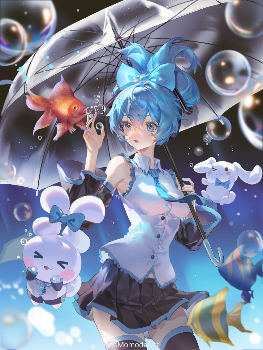 1girl absurdres black_skirt black_sleeves black_thighhighs blue_bow blue_eyes blue_hair blue_necktie blush bow bubble cinnamiku cinnamoroll collared_shirt commentary cowboy_shot detached_sleeves fish hair_between_eyes hair_bow hands_up hatsune_miku headphones highres holding holding_umbrella koi lips long_hair looking_at_animal matching_outfits momodacat necktie parted_lips rabbit shirt skirt sleeveless sleeveless_shirt symbol-only_commentary teeth thighhighs transparent transparent_umbrella umbrella upper_teeth_only vocaloid weibo_logo weibo_username white_shirt