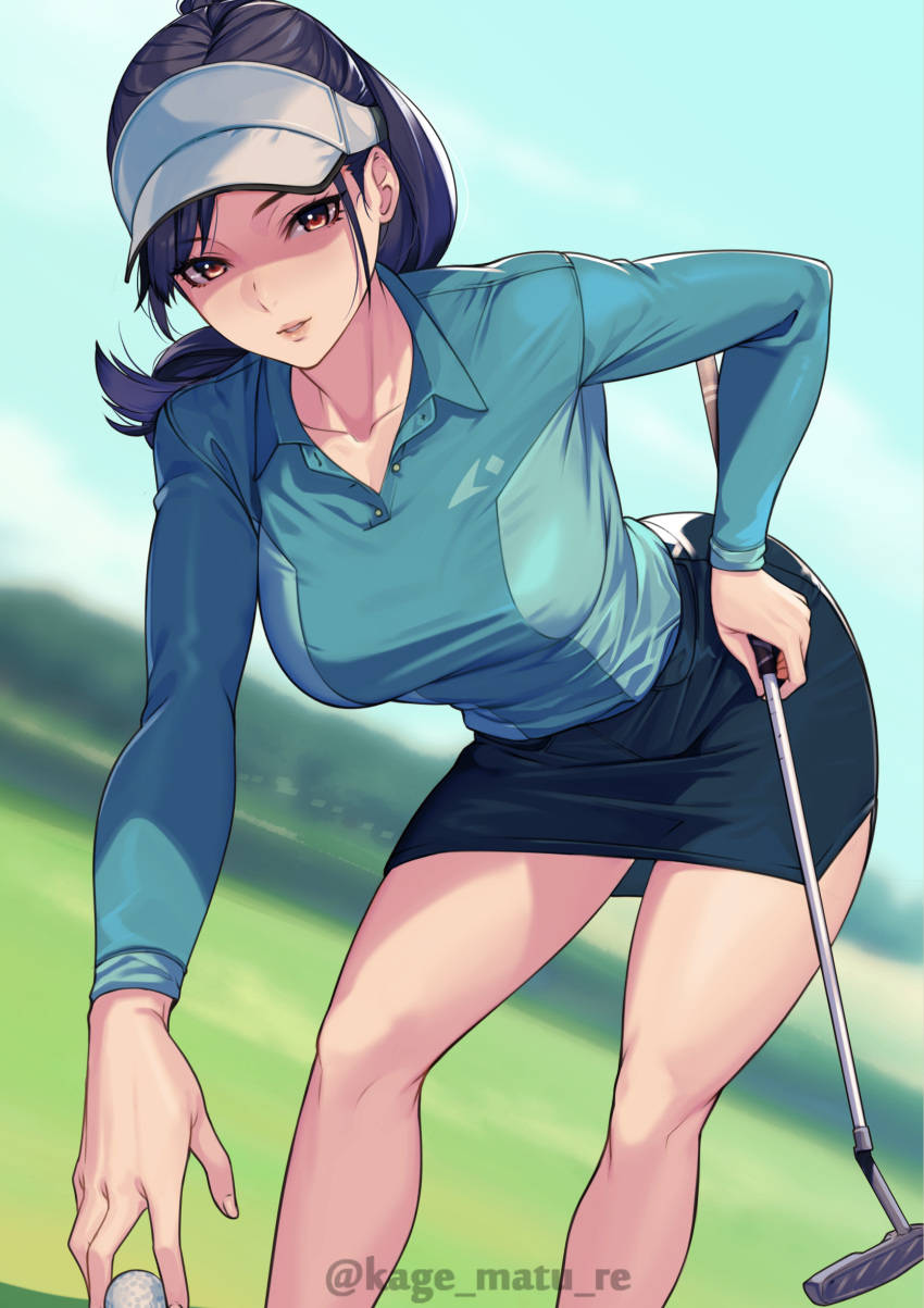 1girl absurdres ball black_hair breasts brown_eyes golf golf_ball golf_club highres kagematsuri large_breasts long_hair long_sleeves looking_at_viewer mature_female miniskirt original pencil_skirt ponytail skirt smile solo thighs