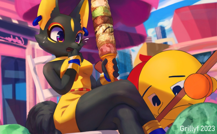 black_body black_fur canid canine dessert female food fox fur furry_tail grillyf hand_on_mouth hi_res humanoid ice_cream impressed mammal pac-man_party patra sad tail