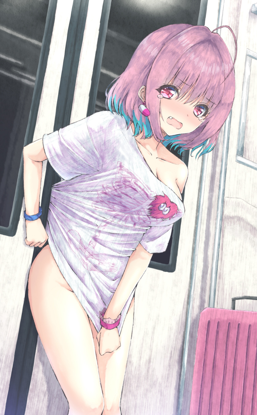 1girl accidental_exposure ahoge aqua_hair aramachi blush bone_print bottomless bracelet breasts cleavage collarbone earrings fang feet_out_of_frame groin hair_intakes highres idolmaster idolmaster_cinderella_girls jewelry large_breasts looking_at_viewer multicolored_hair pill_earrings pink_eyes pink_hair rolling_suitcase shirt_tug short_sleeves single_bare_shoulder solo suitcase tearing_up tears train_interior two-tone_hair yumemi_riamu