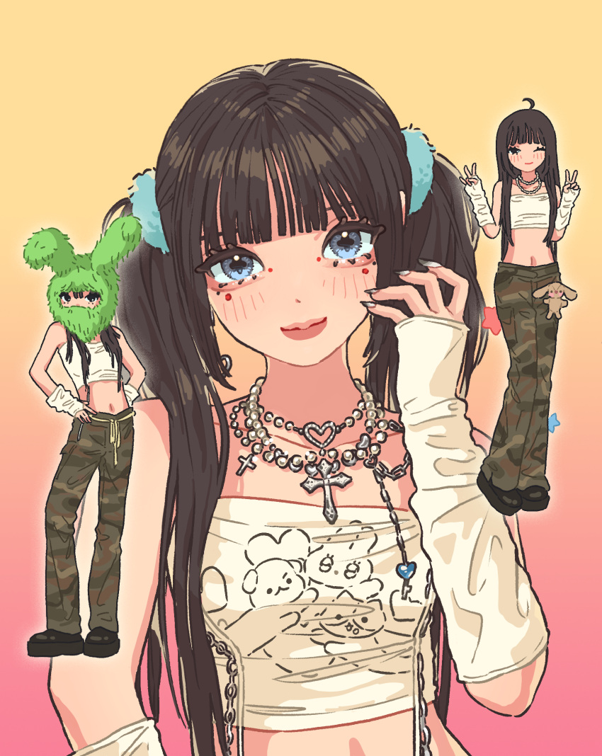 1girl black_nails blue_eyes boots breasts brown_hair camouflage camouflage_pants character_request collarbone copyright_request cropped_shirt cross cross_necklace detached_sleeves gradient_background guriming hands_on_own_hips head_tilt highres jewelry long_hair looking_at_viewer medium_breasts multiple_views nail_polish navel necklace pants pink_background print_shirt shirt sleeves_past_wrists smile strapless strapless_shirt stuffed_animal stuffed_rabbit stuffed_toy twintails white_shirt yellow_background