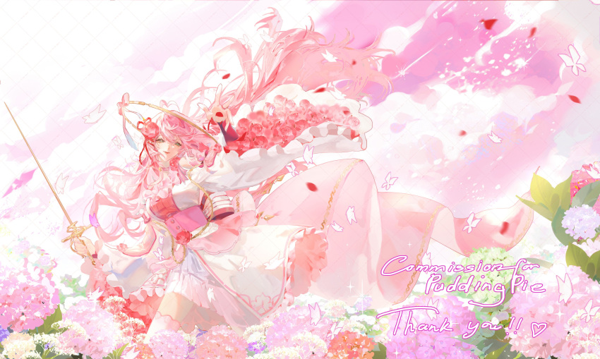 1girl absurdres aqua_eyes bow bug butterfly cloud cloudy_sky commission cowboy_shot dress falling_petals flower frilled_dress frills highres holding holding_sword holding_weapon hydrangea inoue_3020 long_hair looking_at_viewer orange_flower original outdoors outstretched_arms outstretched_hand petals pink_butterfly pink_dress pink_hair pink_ribbon pink_theme puffy_sleeves purple_flower ribbon sky solo sword weapon wide_sleeves