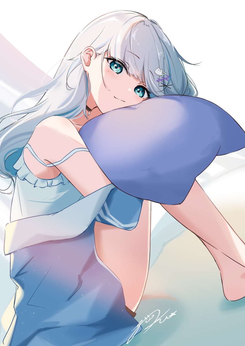 1girl absurdres bed_sheet black_choker black_shorts blue_eyes blue_hair blue_pajamas blunt_bangs choker colored_inner_hair curly_hair curtains frills hair_ornament highres hug kaga_sumire long_hair looking_at_viewer messy_hair multicolored_hair object_hug off_shoulder okishiro pajamas pillow pillow_hug short_shorts shorts signature sitting solo streaked_hair virtual_youtuber vspo! white_hair zzz