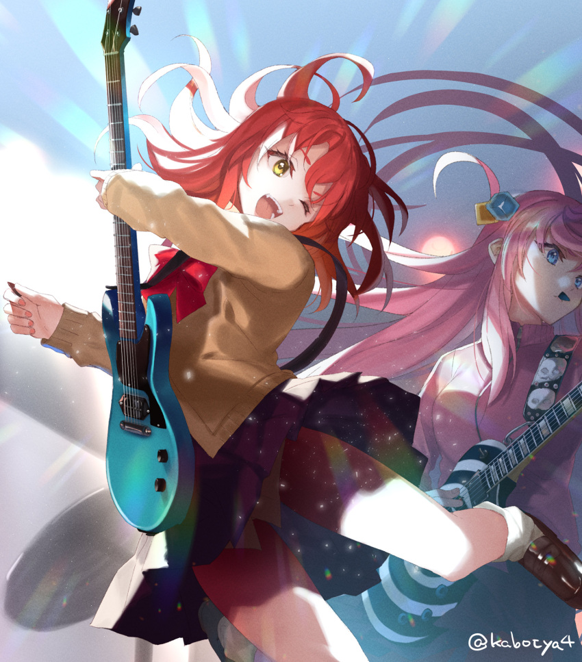 2girls black_skirt blue_eyes bocchi_the_rock! bow bowtie breasts brown_footwear cardigan closed_mouth cube_hair_ornament gotou_hitori guitar hair_ornament highres holding holding_plectrum instrument jacket jumping kabocha_(monkey4) kita_ikuyo loafers long_hair long_sleeves multiple_girls music one_eye_closed one_side_up open_mouth pink_hair playing_instrument plectrum plectrum_in_mouth red_hair shoes sidelocks skirt small_breasts smile socks track_jacket twitter_username white_socks yellow_eyes