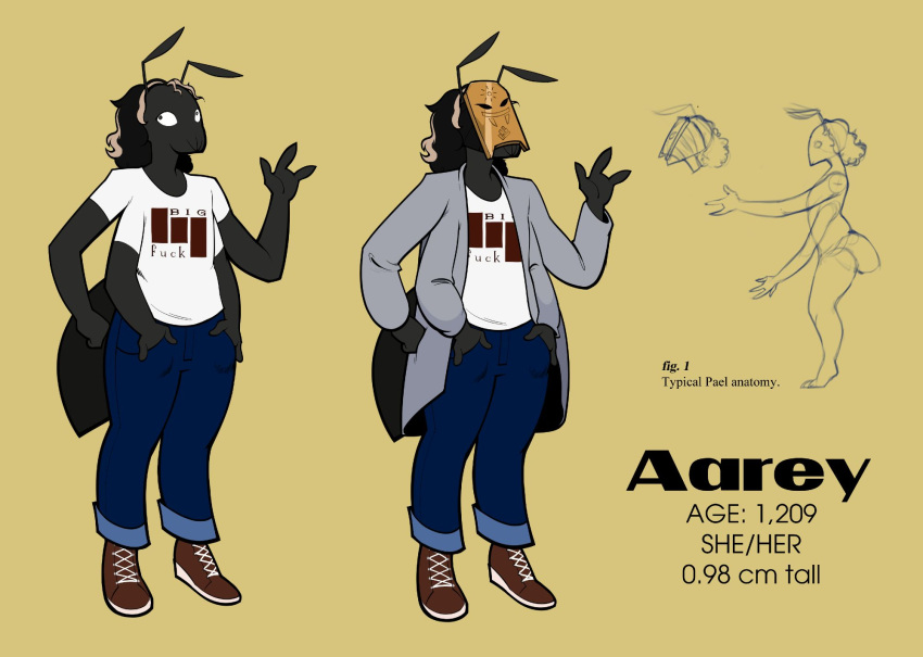 2023 4_arms aarey_veladd antennae_(anatomy) anthro arthropod arthropod_abdomen black_hair blonde_hair blue_bottomwear blue_clothing blue_pants bottomwear cathodegaytube character_name clothing denim denim_clothing english_text female footwear grey_clothing grey_jacket grey_topwear hair hand_in_pocket hi_res insect jacket jeans mandible_hair mask model_sheet multi_arm multi_limb pael pants pockets pronouns red_clothing red_footwear red_shoes shirt shoes side_view simple_background solo stated_age t-shirt text text_on_clothing text_on_shirt text_on_topwear topwear white_clothing white_shirt white_topwear yellow_background