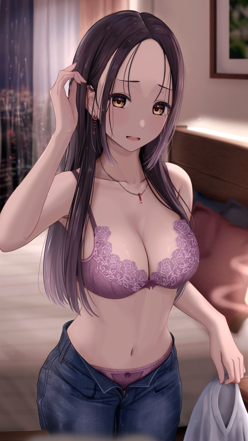 1girl absurdres bed bedroom blue_pants blurry blurry_background bra breasts brown_eyes cleavage collarbone commission denim earrings highres holding holding_clothes holding_shirt inaka_44 indoors jeans jewelry large_breasts lingerie long_hair looking_at_viewer navel necklace open_mouth original panties pants parted_hair partially_unzipped pixiv_commission purple_bra purple_hair purple_panties shirt shirt_removed sidelocks solo underwear variant_set white_shirt