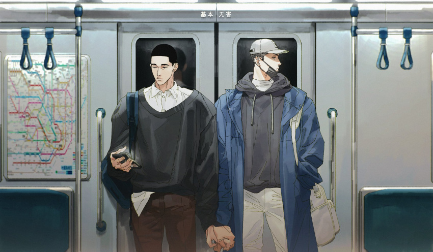 2boys baseball_cap black_eyes black_hair black_hoodie black_mask black_sweater blue_bag blue_coat brown_pants buzz_cut cellphone closed_mouth coat couple feet_out_of_frame fukatsu_kazunari hat highres holding holding_hands holding_phone hood hoodie looking_at_phone looking_to_the_side male_focus map mask mouth_mask multiple_boys open_clothes open_coat pants phone profile reflection sawakita_eiji shirt short_hair slam_dunk_(series) smartphone sweater train_interior translation_request undercut very_short_hair wfi1584191 white_bag white_headwear white_pants white_shirt yaoi