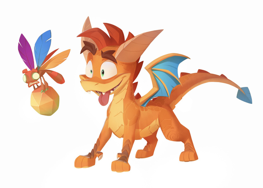 2male activision aku_aku arthropod crash_bandicoot crash_bandicoot_(series) crossover duo feathered_wings feathers feral full-length_portrait fusion green_eyes hi_res holding_object horn male nicholas_kole portrait simple_background smile spyro spyro_the_dragon tail tongue tongue_out white_background wings