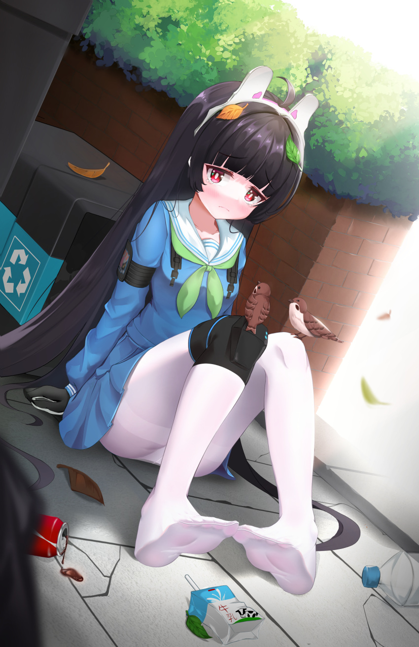 1girl absurdres animal_ears ass bird black_gloves black_hair blue_archive blunt_bangs can cola commentary_request gloves hairband halo highres j.j_(66752902) knees_up leaf leaf_on_head long_hair long_sleeves looking_at_viewer milk_carton miyu_(blue_archive) no_shoes pantyhose pleated_skirt rabbit_ears red_eyes school_uniform serafuku sidelocks sitting skirt soda_can soles solo trash_can white_pantyhose